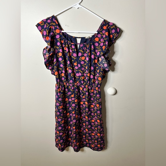 Fossil Dress Small Navy Ruffle Sleeve Orange Purple Plums Flowers Minidres Rayon - Picture 2 of 9